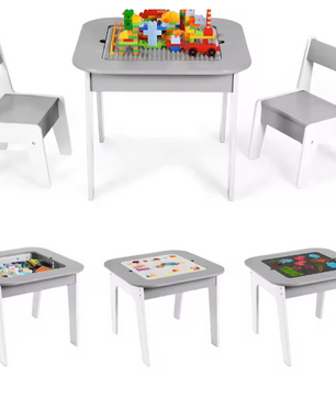 Kinder Speeltafel met 2 Stoelen – 4-in-1 Houten Activiteitentafel met Opbergruimte en Bouwplaat