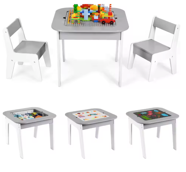 Kinder Speeltafel met 2 Stoelen – 4-in-1 Houten Activiteitentafel met Opbergruimte en Bouwplaat