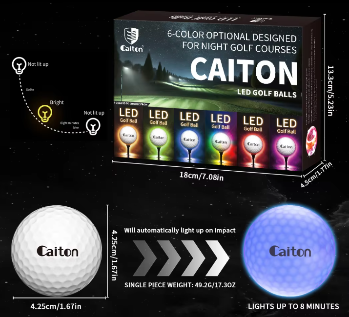 Set van 6 Glow in the Dark Golfballen – LED Verlichting en Impact Activatie, Perfect voor Nachtgolf