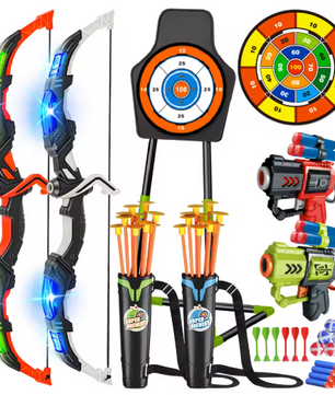 Kinder Boogschiet Set met LED – 2 Bogen, Pijlen, Targets en Speelgeweren