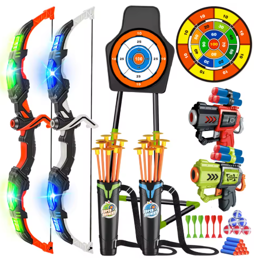 Kinder Boogschiet Set met LED – 2 Bogen, Pijlen, Targets en Speelgeweren