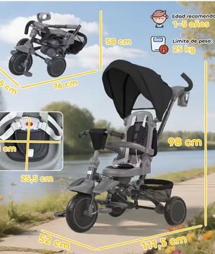 6-in-1 Meegroeifiets Kinderdriewieler – Opvouwbaar met Draaibare Zitting en Duwstang