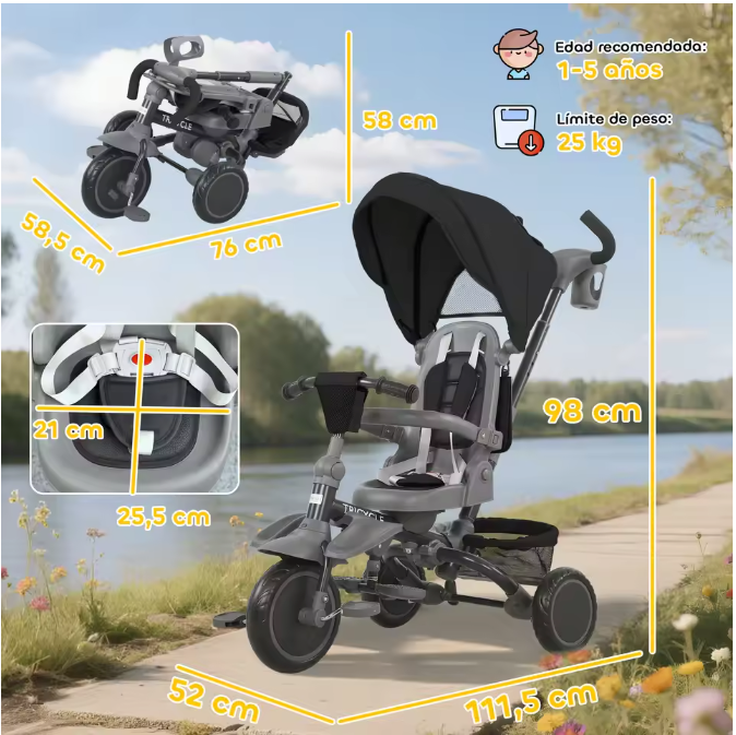 6-in-1 Meegroeifiets Kinderdriewieler – Opvouwbaar met Draaibare Zitting en Duwstang
