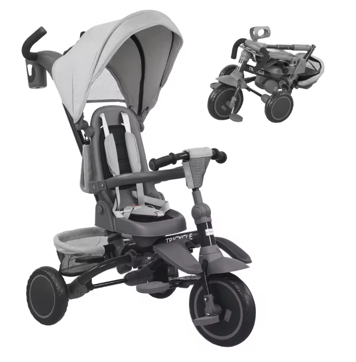 6-in-1 Meegroeifiets Kinderdriewieler – Opvouwbaar met Draaibare Zitting en Duwstang