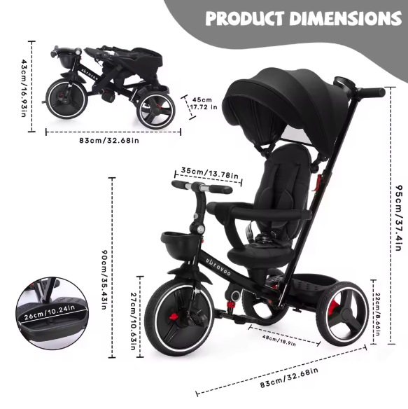 6-in-1 Kinderdriewieler Meegroeifiets – Opvouwbaar met Duwstang, Zonnescherm en Rugleuning