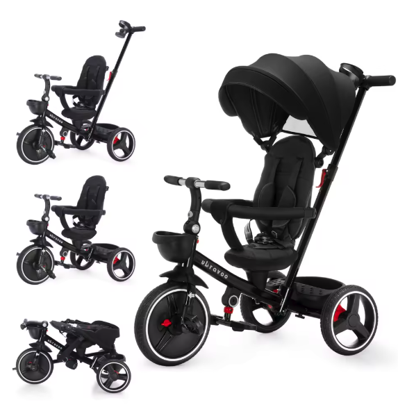 6-in-1 Kinderdriewieler Meegroeifiets – Opvouwbaar met Duwstang, Zonnescherm en Rugleuning