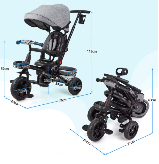 6-in-1 Kinderdriewieler Meegroeifiets – Opvouwbaar met Duwstang, Draaibare Zitting en Zonnescherm
