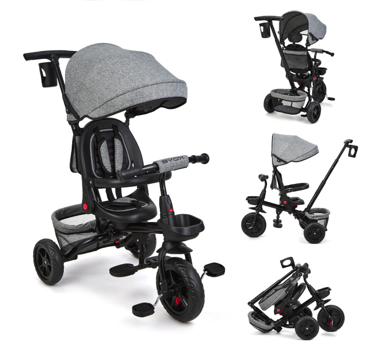 6-in-1 Kinderdriewieler Meegroeifiets – Opvouwbaar met Duwstang, Draaibare Zitting en Zonnescherm