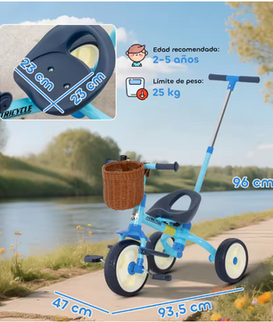 2-in-1 Kinderdriewieler Meegroeifiets – Met Duwstang, Mand en Antislip Pedalen