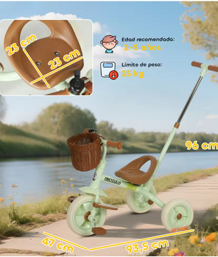 2-in-1 Kinderdriewieler Meegroeifiets – Met Duwstang, Mand en Antislip Pedalen