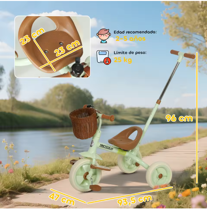 2-in-1 Kinderdriewieler Meegroeifiets – Met Duwstang, Mand en Antislip Pedalen