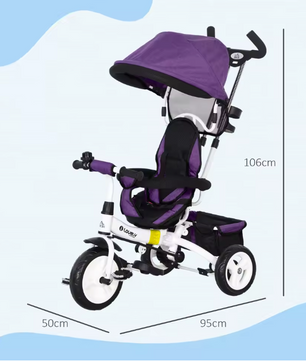 Kinderdriewieler Meegroeifiets – Met Duwstang, Zonnescherm en Veiligheidsgordel