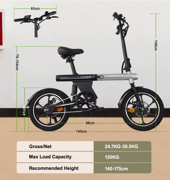 Opvouwbare Elektrische Fiets 16 Inch – Unisex E-Bike met 36V 12.8Ah Accu en Tot 60 km Actieradius