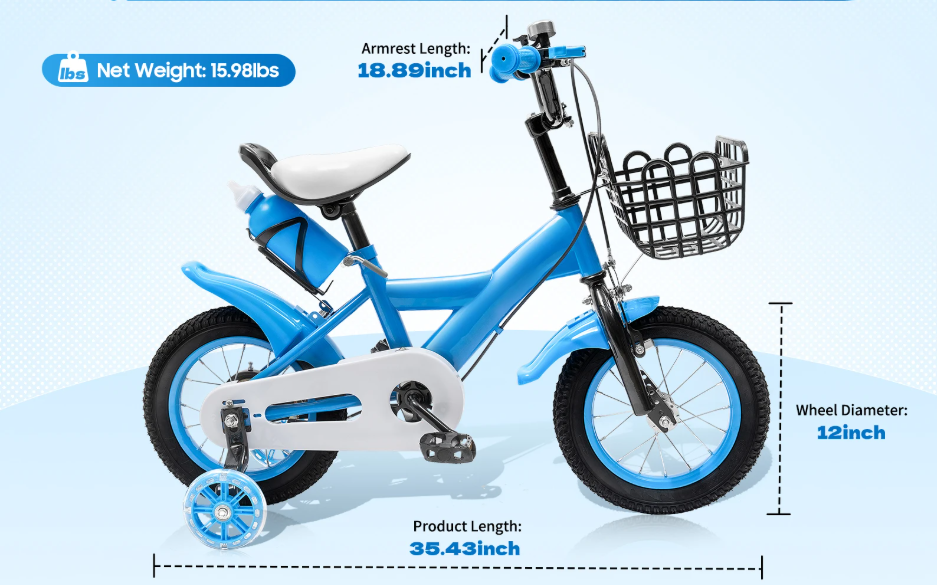 Kinderfiets met Mand en Zijwieltjes – Verstelbare Peuterfiets 12 Inch met Veilig Remsysteem