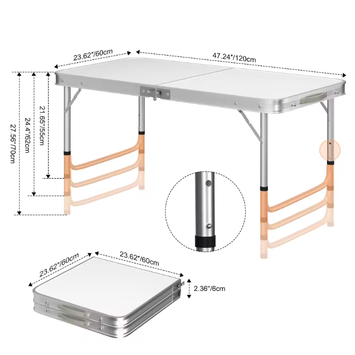 Opvouwbare Picknicktafel 120 cm – Aluminium Campingtafel met Verstelbare Hoogte en Handgreep