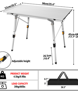 Opvouwbare Campingtafel 90 cm – Verstelbare Hoogte met Lichtgewicht Aluminium en Opbergruimte