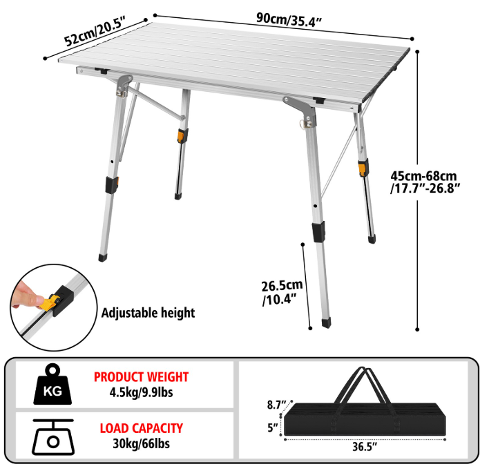 Opvouwbare Campingtafel 90 cm – Verstelbare Hoogte met Lichtgewicht Aluminium en Opbergruimte
