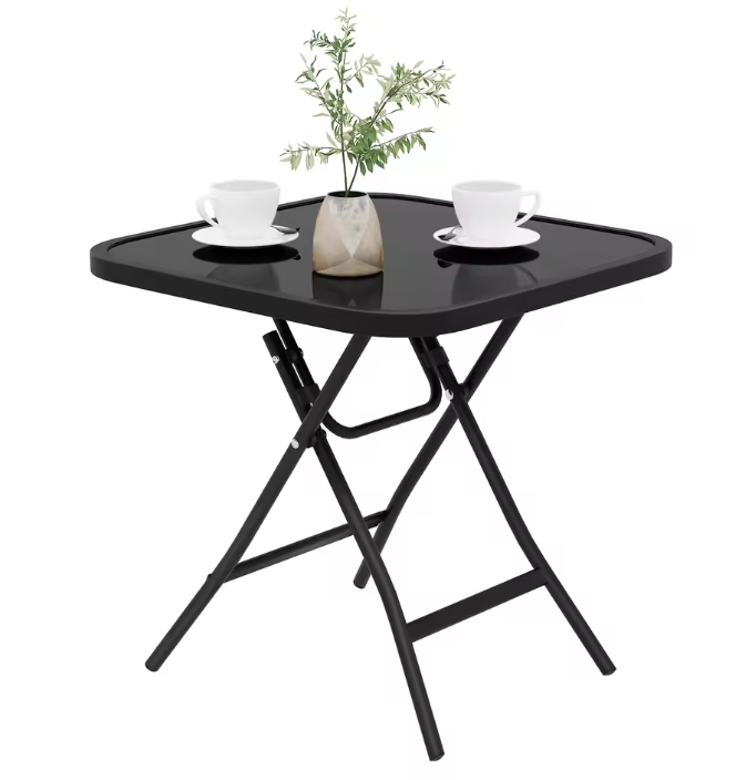 Opvouwbare Bijzettafel met Glazen Blad – Compacte Balkon- en Campingtafel met Metalen Frame