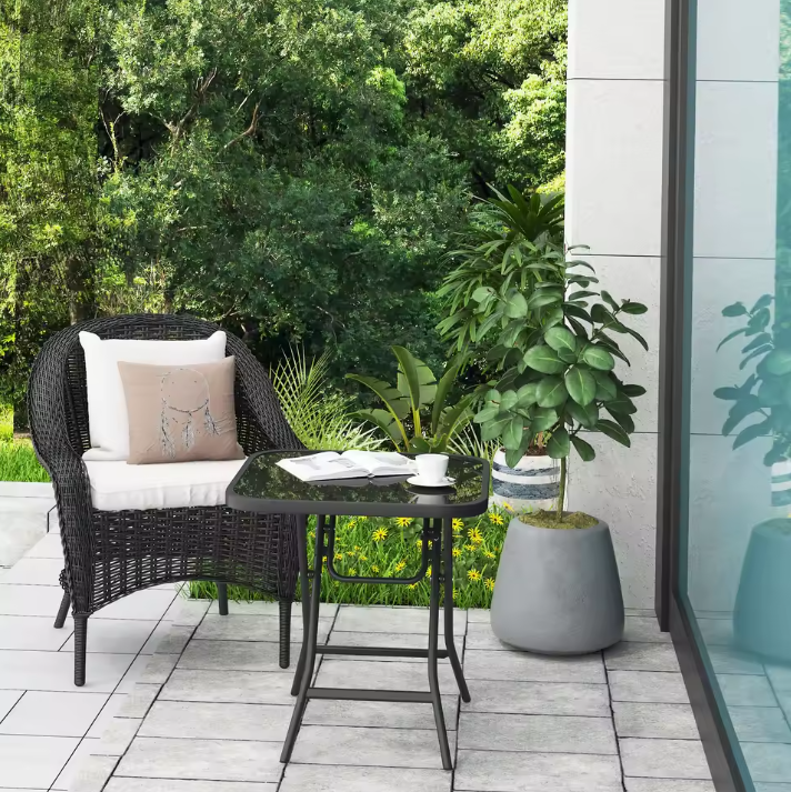 Opvouwbare Bijzettafel met Glazen Blad – Compacte Balkon- en Campingtafel met Metalen Frame