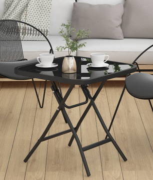 Opvouwbare Bijzettafel met Glazen Blad – Compacte Balkon- en Campingtafel met Metalen Frame