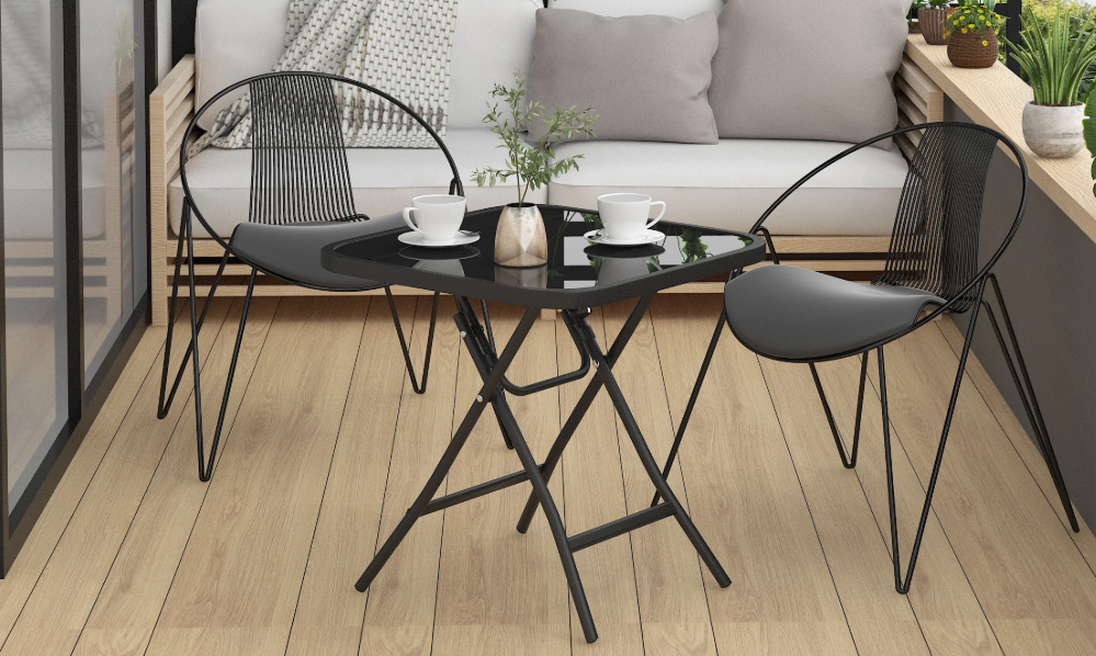 Opvouwbare Bijzettafel met Glazen Blad – Compacte Balkon- en Campingtafel met Metalen Frame