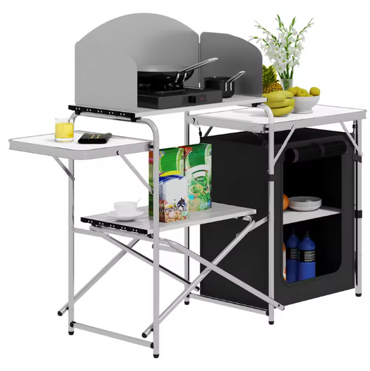 Opvouwbare Camping Keukenkast – Aluminium Kooktafel met Opbergruimte en Windscherm