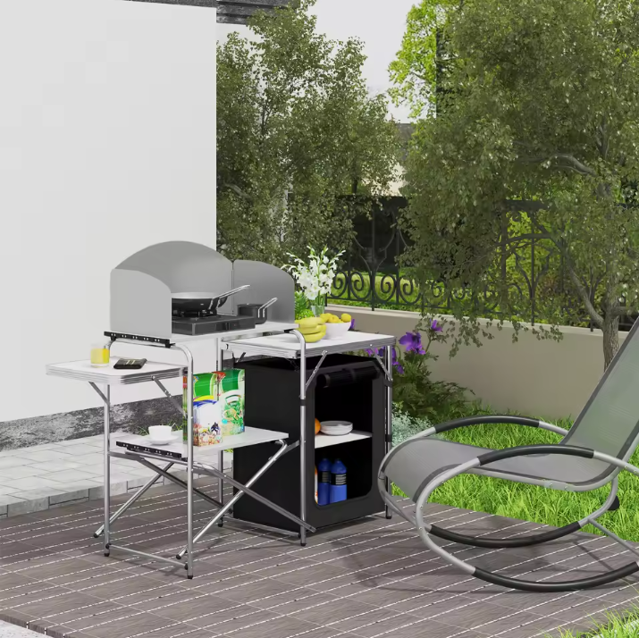 Opvouwbare Camping Keukenkast – Aluminium Kooktafel met Opbergruimte en Windscherm