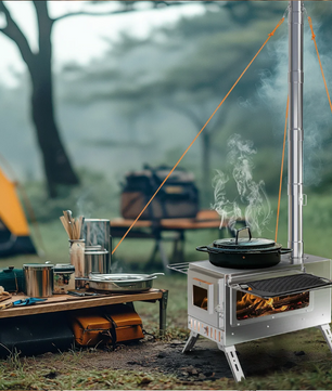 Draagbare Houtkachel met Schoorsteenpijpen – RVS Tentkachel voor Camping, Verwarmen en Koken