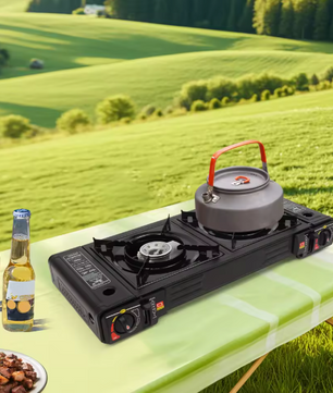 Draagbaar 2-Pits Camping Gasstel 2500W – Met Bakplaat, Automatische Ontsteking en Draagkoffer