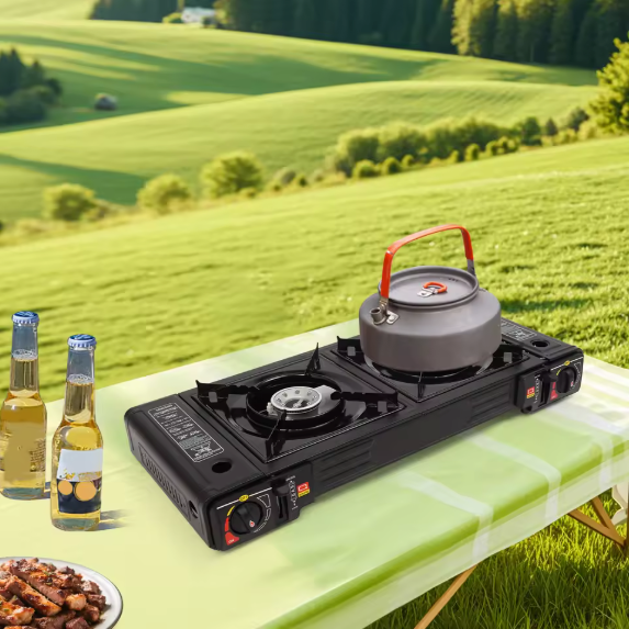 Draagbaar 2-Pits Camping Gasstel 2500W – Met Bakplaat, Automatische Ontsteking en Draagkoffer