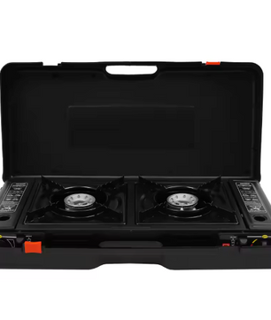 Draagbaar 2-Pits Camping Gasstel 2500W – Met Bakplaat, Automatische Ontsteking en Draagkoffer