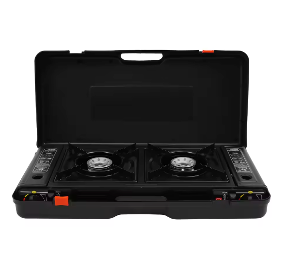 Draagbaar 2-Pits Camping Gasstel 2500W – Met Bakplaat, Automatische Ontsteking en Draagkoffer