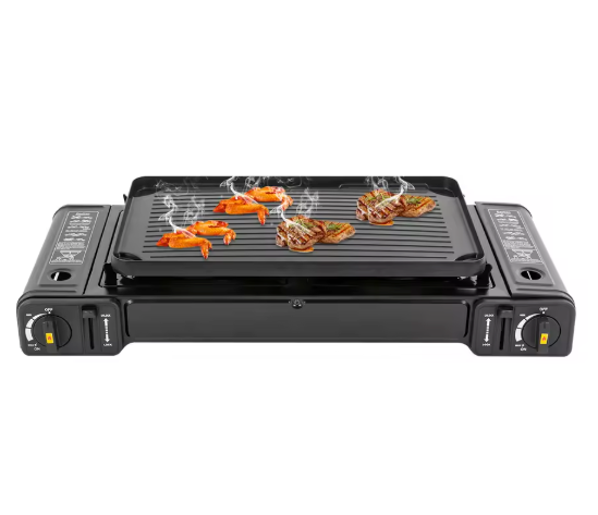 Draagbaar 2-Pits Camping Gasstel 2500W – Met Bakplaat, Automatische Ontsteking en Draagkoffer