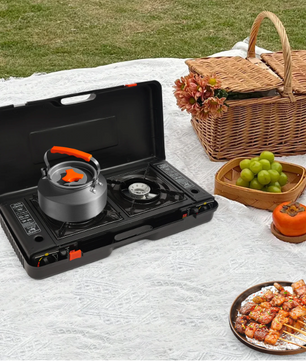 Draagbaar 2-Pits Camping Gasstel 2500W – Met Bakplaat, Automatische Ontsteking en Draagkoffer