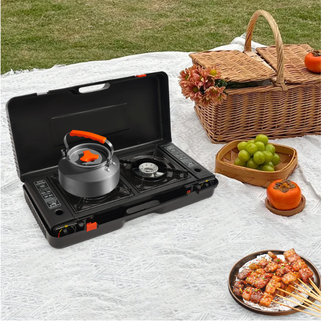 Draagbaar 2-Pits Camping Gasstel 2500W – Met Bakplaat, Automatische Ontsteking en Draagkoffer