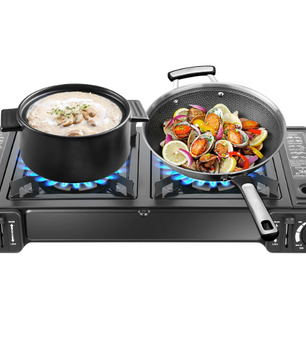 Draagbaar 2-Pits Camping Gasstel 2500W – Met Bakplaat, Automatische Ontsteking en Draagkoffer