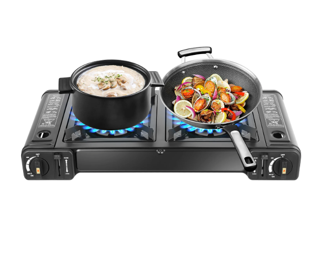 Draagbaar 2-Pits Camping Gasstel 2500W – Met Bakplaat, Automatische Ontsteking en Draagkoffer