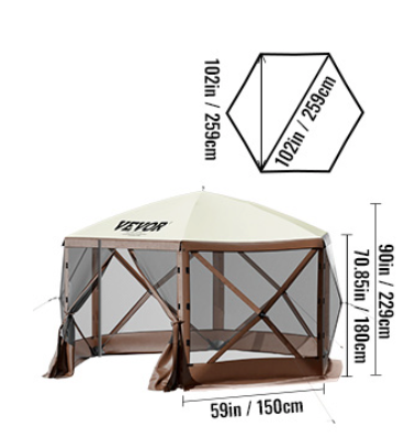 Pop-up Camping Partytent 6-Zijdig – Waterdichte Gazebo met Muskietennet en Zijwanden