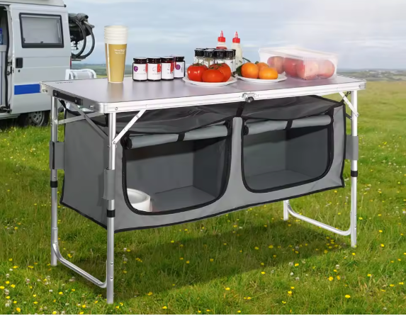 Opvouwbare Camping Keukentafel – Verstelbaar en Compact met Opbergvakken voor Outdoor en BBQ