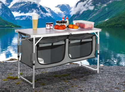 Opvouwbare Camping Keukentafel – Verstelbaar en Compact met Opbergvakken voor Outdoor en BBQ