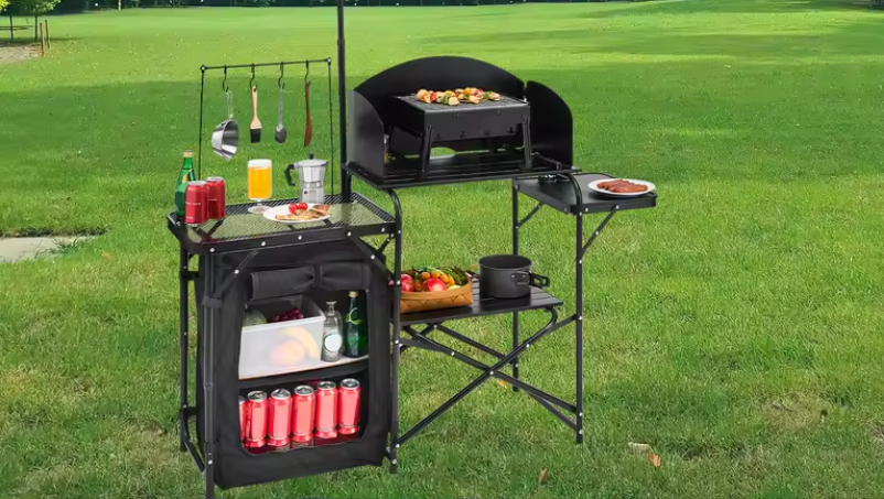 Opvouwbare Camping Keukentafel – Aluminium Cook Station met Opbergkast en Windscherm