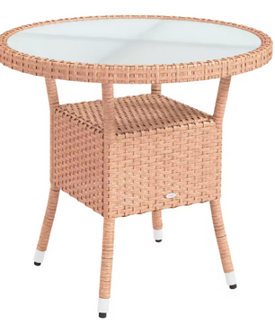 Ronde Tuin Tafel Ø 80 x 75 cm – Rattan met Glazen Blad en Opbergplank voor Balkon en Terras