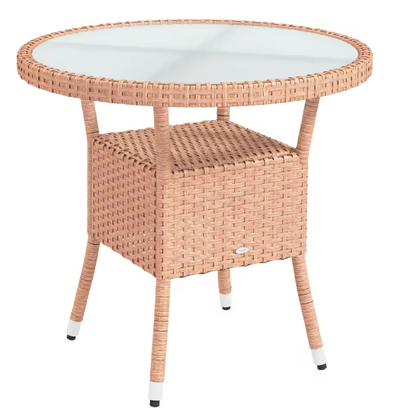 Ronde Tuin Tafel Ø 80 x 75 cm – Rattan met Glazen Blad en Opbergplank voor Balkon en Terras