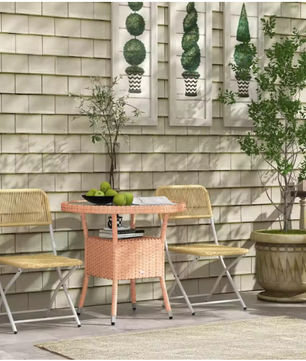 Ronde Tuin Tafel Ø 80 x 75 cm – Rattan met Glazen Blad en Opbergplank voor Balkon en Terras