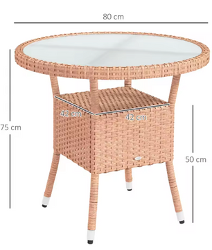 Ronde Tuin Tafel Ø 80 x 75 cm – Rattan met Glazen Blad en Opbergplank voor Balkon en Terras