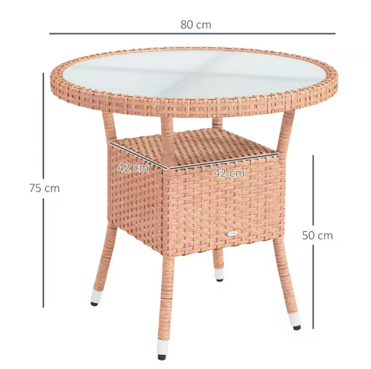 Ronde Tuin Tafel Ø 80 x 75 cm – Rattan met Glazen Blad en Opbergplank voor Balkon en Terras