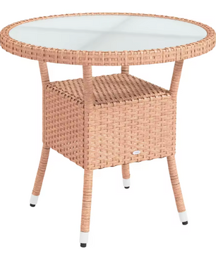 Ronde Tuin Tafel Ø 80 x 75 cm – Rattan met Glazen Blad en Opbergplank voor Balkon en Terras