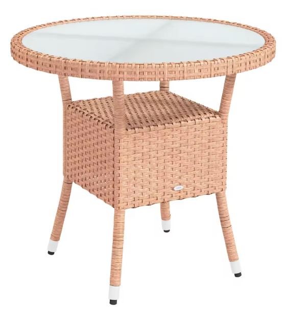 Ronde Tuin Tafel Ø 80 x 75 cm – Rattan met Glazen Blad en Opbergplank voor Balkon en Terras