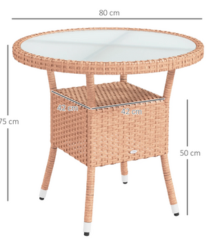 Ronde Tuin Tafel Ø 80 x 75 cm – Rattan met Glazen Blad en Opbergplank voor Balkon en Terras