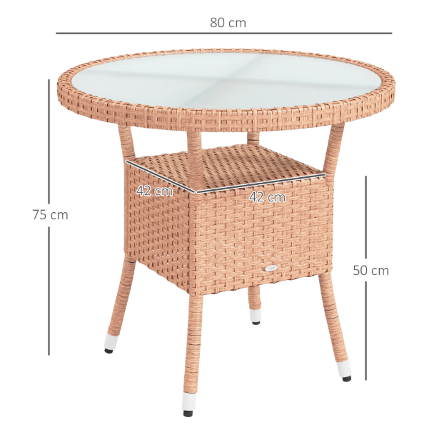 Ronde Tuin Tafel Ø 80 x 75 cm – Rattan met Glazen Blad en Opbergplank voor Balkon en Terras